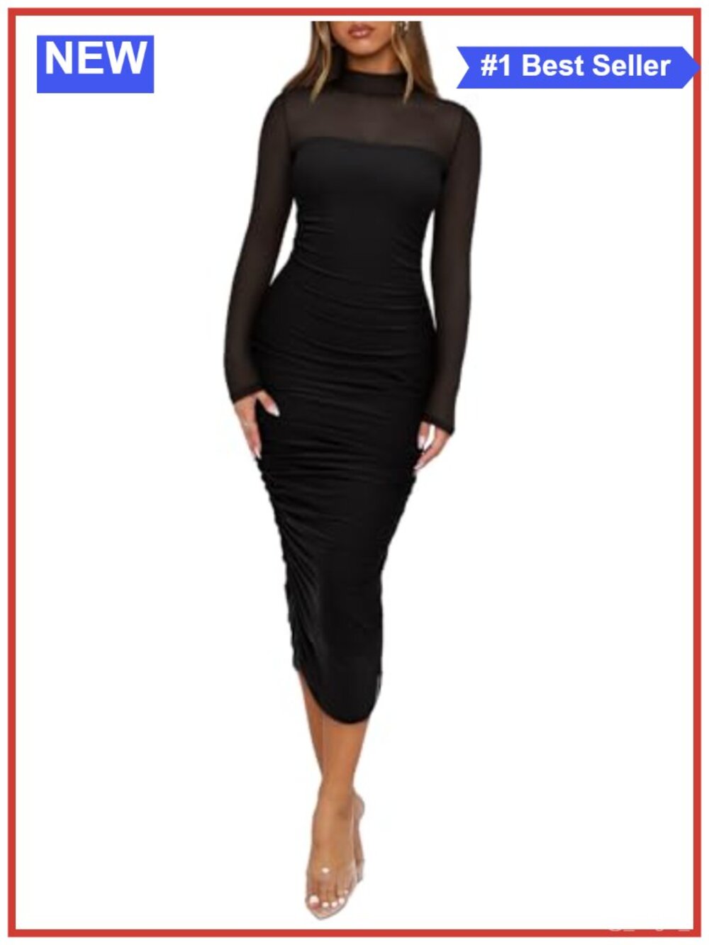 Sheer Mesh Long Sleeve Midi Bodycon Dress Mock Neck Ruched Elegant Party